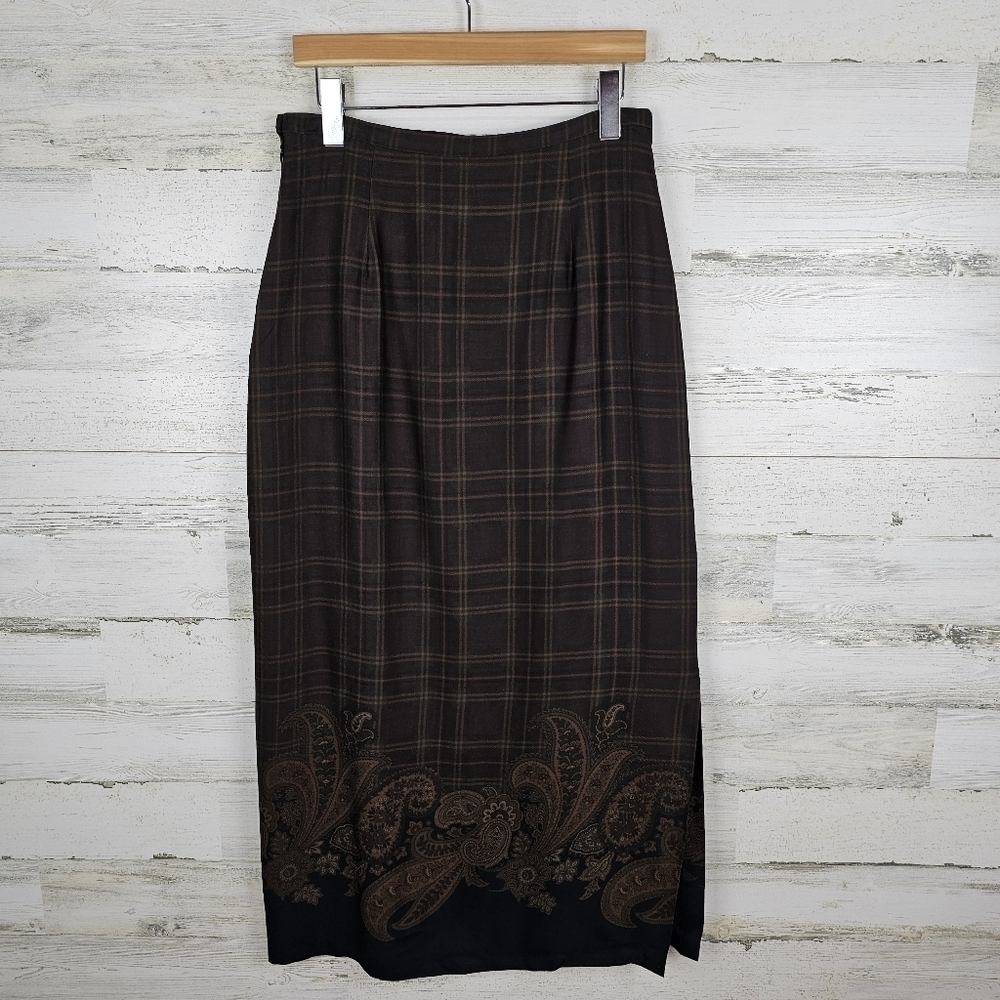 VTG Breeches Tartan Plaid Wool Blend Maxi Skirt Sz 12 Brown Paisley Academia - Picture 4 of 15